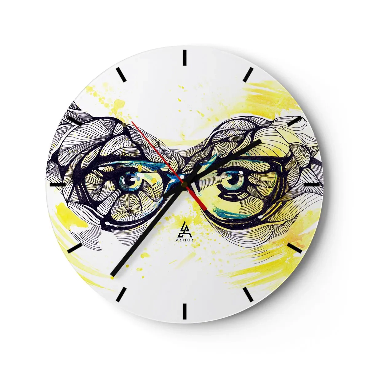 Relógio de parede - Relógio em vidro - Óculos azuis em estilo artístico com detalhes geométricos e fundo amarelo. - 30x30cm - Através de óculos azuis - Decoração de parede moderna para a sala de estar, cozinha e quarto ARTTOR