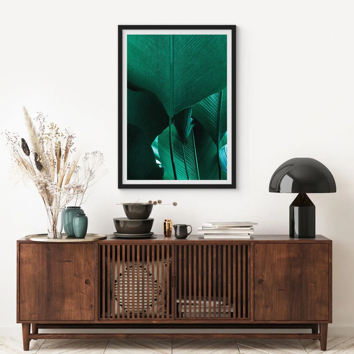Pôster com moldura preta - Close-up de grandes folhas verdes mostrando estrutura e textura. - 50x70cm - De frente para a luz - Decoração de parede moderna para a sala de estar e quarto ARTTOR