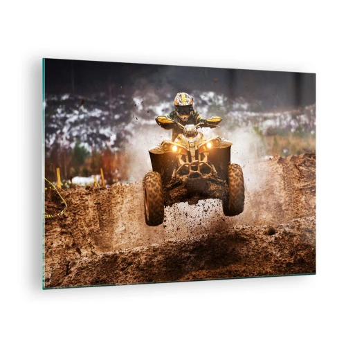 Quadro em vidro - Quadriciclo em ação em terreno lamacento em um ambiente dinâmico - 70x50cm - No risk no fun - Decoração de parede moderna para a sala de estar e quarto ARTTOR