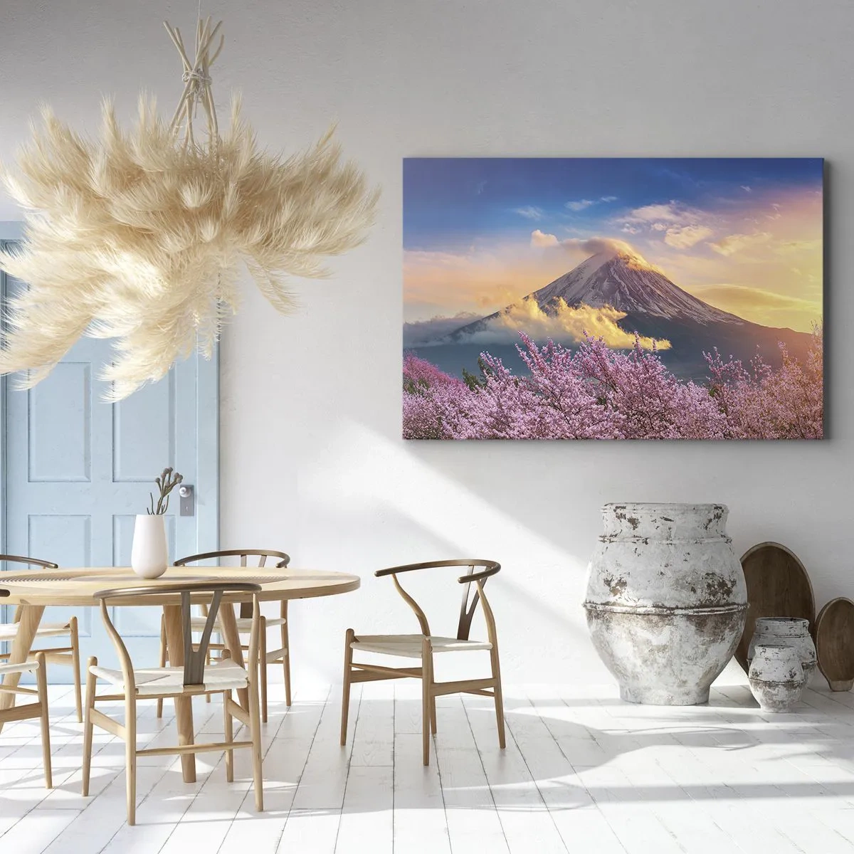Quadro em tela - Monte Fuji com flores de cerejeira ao fundo ao pôr do sol - 70x50cm - Santidade japonesa - Decoração de parede moderna para a sala de estar e quarto ARTTOR
