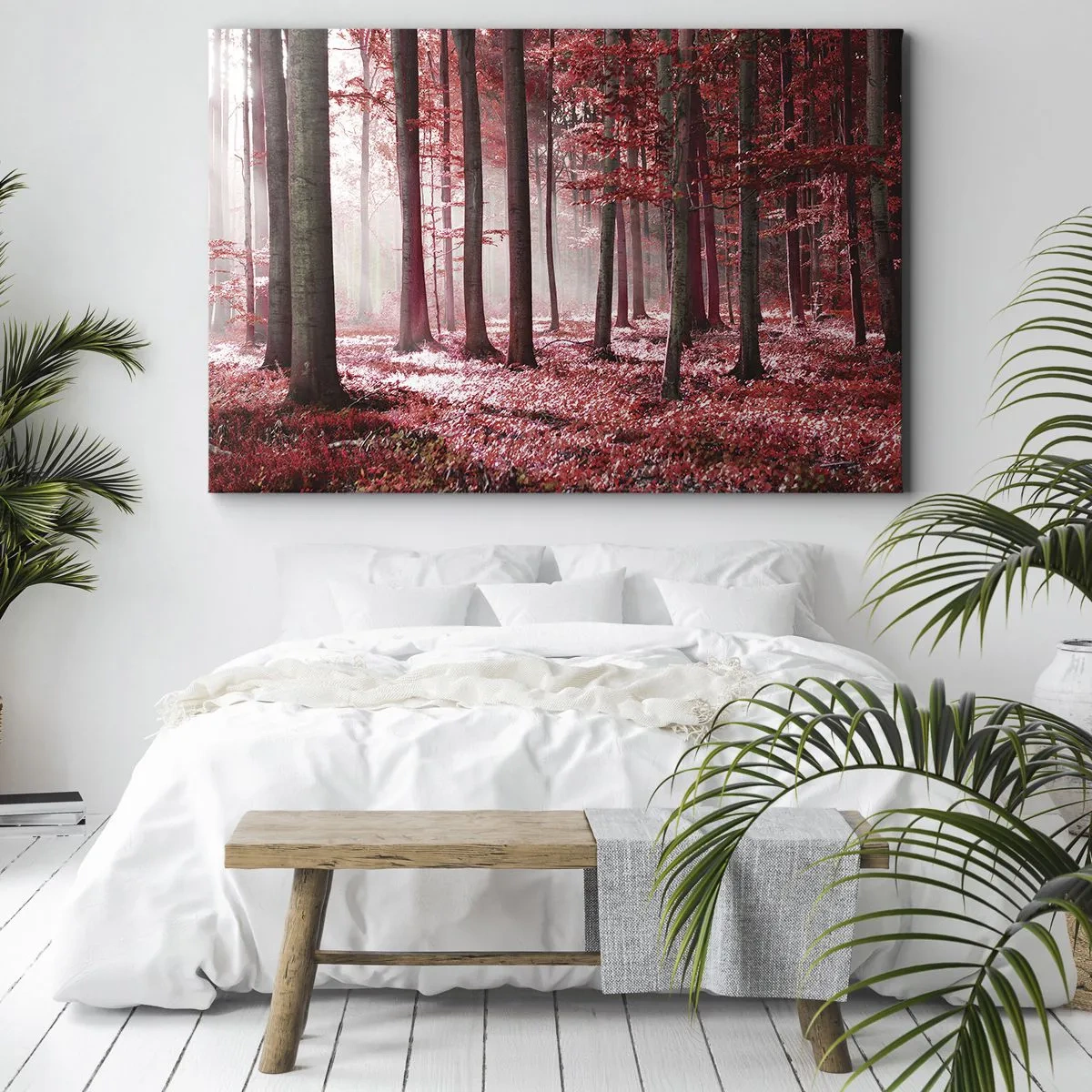 Quadro em tela - Uma floresta deslumbrante em tons de vermelho com raios de luz penetrando através das árvores - 70x50cm - O vermelho também é belo - Decoração de parede moderna para a sala de estar e quarto ARTTOR