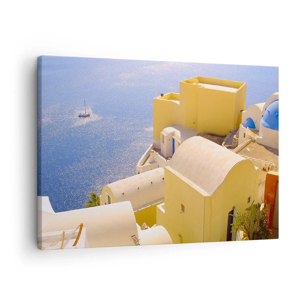 Quadro em tela - Arquitetura grega com vista para o mar e um barco ao fundo - 70x50cm - Paisagem grega em branco e azul - Decoração de parede moderna para a sala de estar e quarto ARTTOR