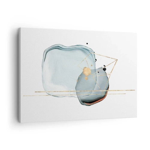Quadro em tela - Formas abstratas em tons de azul e dourado sobre fundo branco - 70x50cm - Um estudo sobre gotas - Decoração de parede moderna para a sala de estar e quarto ARTTOR
