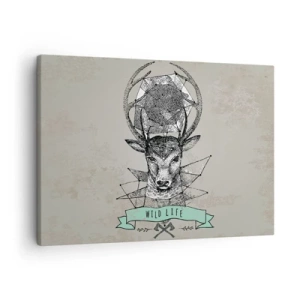Quadro em tela - Geometria de veado em estilo vintage com letras Wild Life - 70x50cm - A Visão de Santo Hubertus - Decoração de parede moderna para a sala de estar e quarto ARTTOR