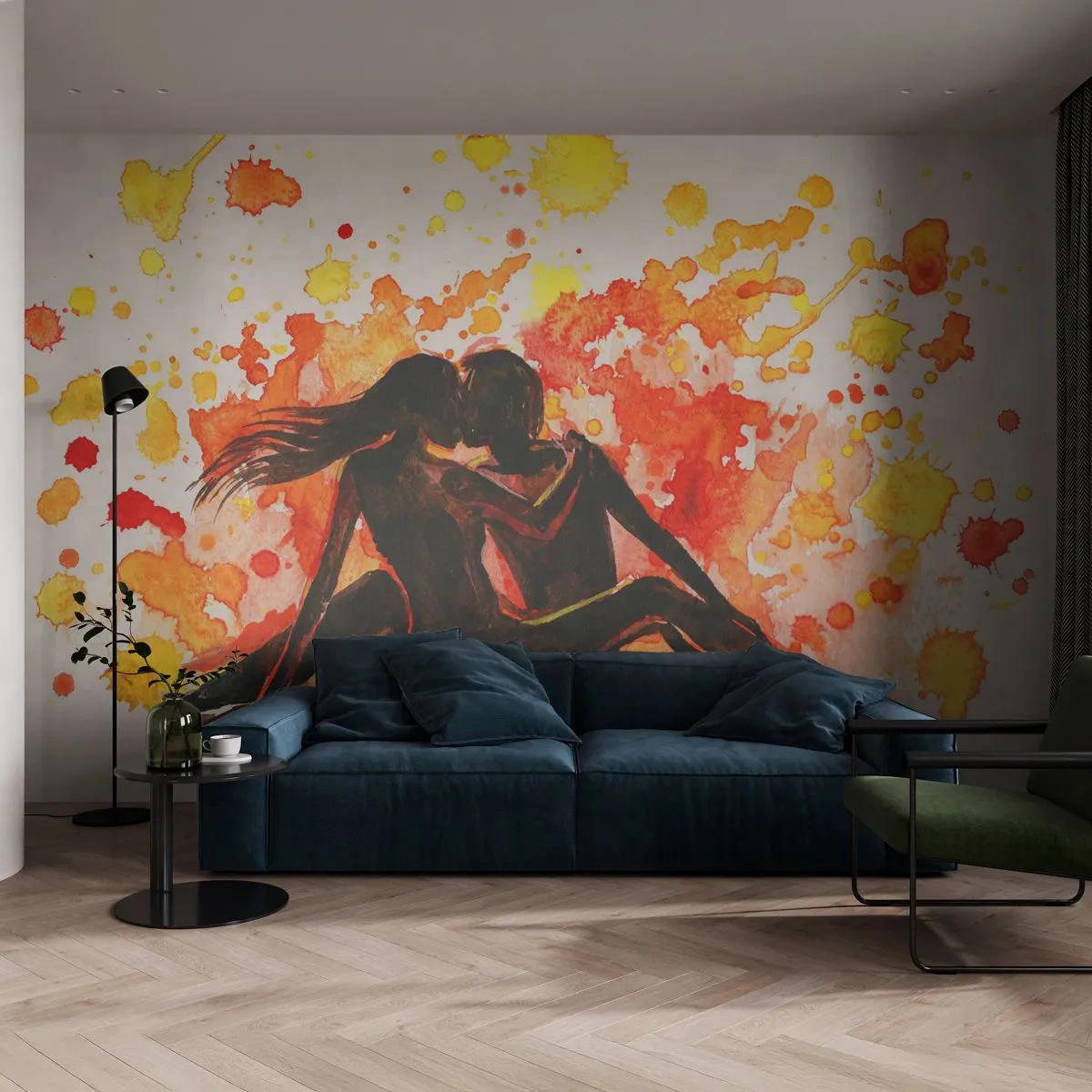 Papel de Parede Standard Eco - Silhuetas de um casal apaixonado em uma explosão de cores em aquarela - 100x70cm - E fez-se a luz - Decoração de parede moderna para a sala de estar e quarto ARTTOR