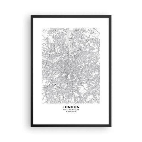 Pôster com moldura preta - Mapa preto e branco de Londres com detalhes precisos das ruas - 50x70cm - Mapa do labirinto de Londres - Decoração de parede moderna para a sala de estar e quarto ARTTOR
