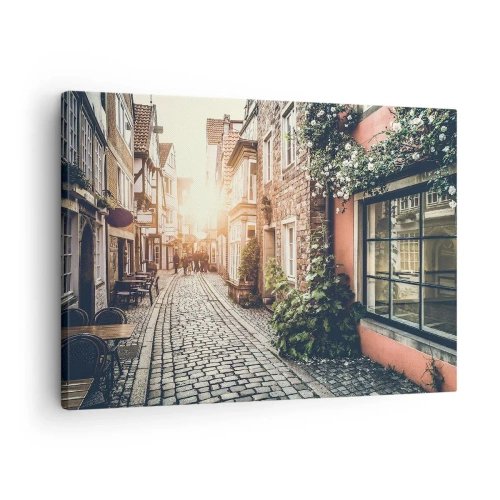Quadro em tela - Uma rua charmosa com calçada de pedra e flores - 70x50cm - Beco rosa em brilho rosa - Decoração de parede moderna para a sala de estar e quarto ARTTOR