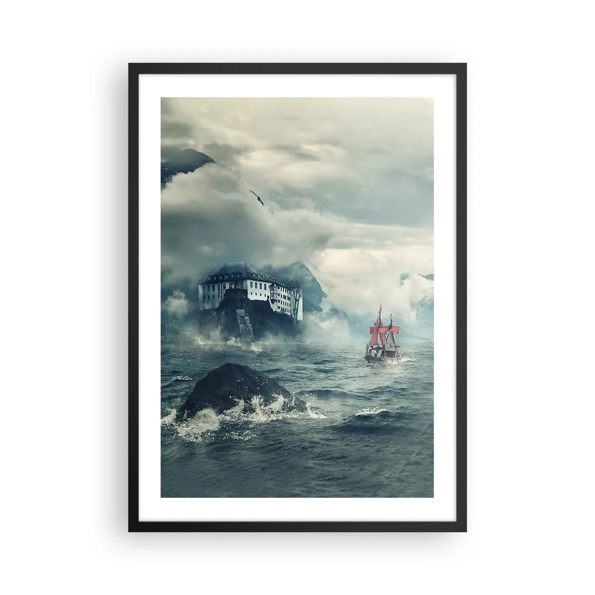 Pôster com moldura preta - Um navio em um mar tempestuoso perto de um castelo no nevoeiro - 50x70cm - Nas águas mágicas - Decoração de parede moderna para a sala de estar e quarto ARTTOR