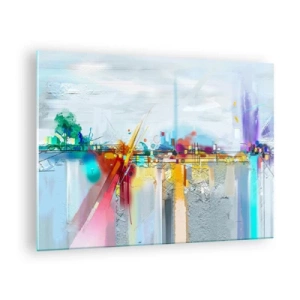 Quadro em vidro - Ponte abstrata em cores vibrantes sobre um rio com fundo pastel - 70x50cm - Ponte da alegria sobre o rio da vida - Decoração de parede moderna para a sala de estar e quarto ARTTOR