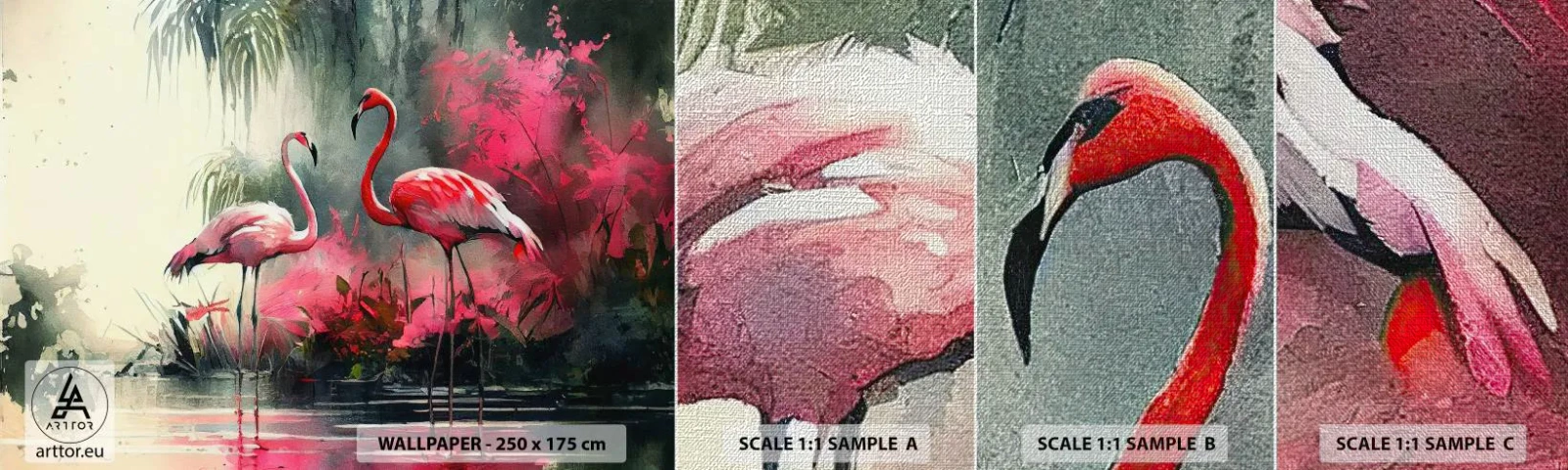 Amostra de papel de parede Premium Canvas - Uma lição de graça natural - Flamingos, Pedaço, Paisagem - 100x30 cm