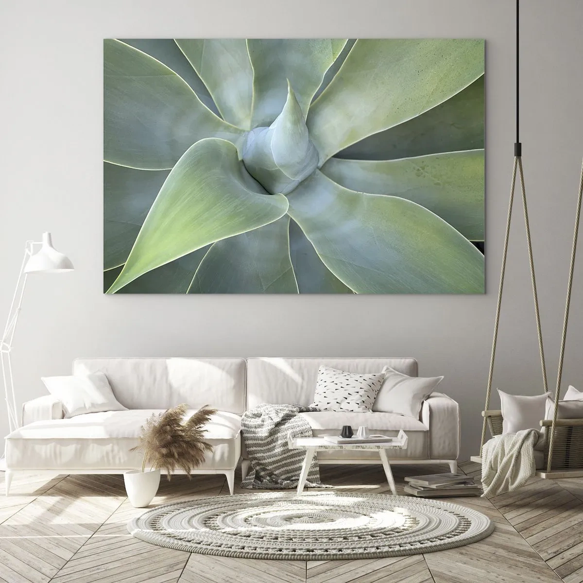 Quadro em vidro - Fotografia macro de uma planta verde com folhas espirais - 70x50cm - O nascimento da vegetação - Decoração de parede moderna para a sala de estar e quarto ARTTOR