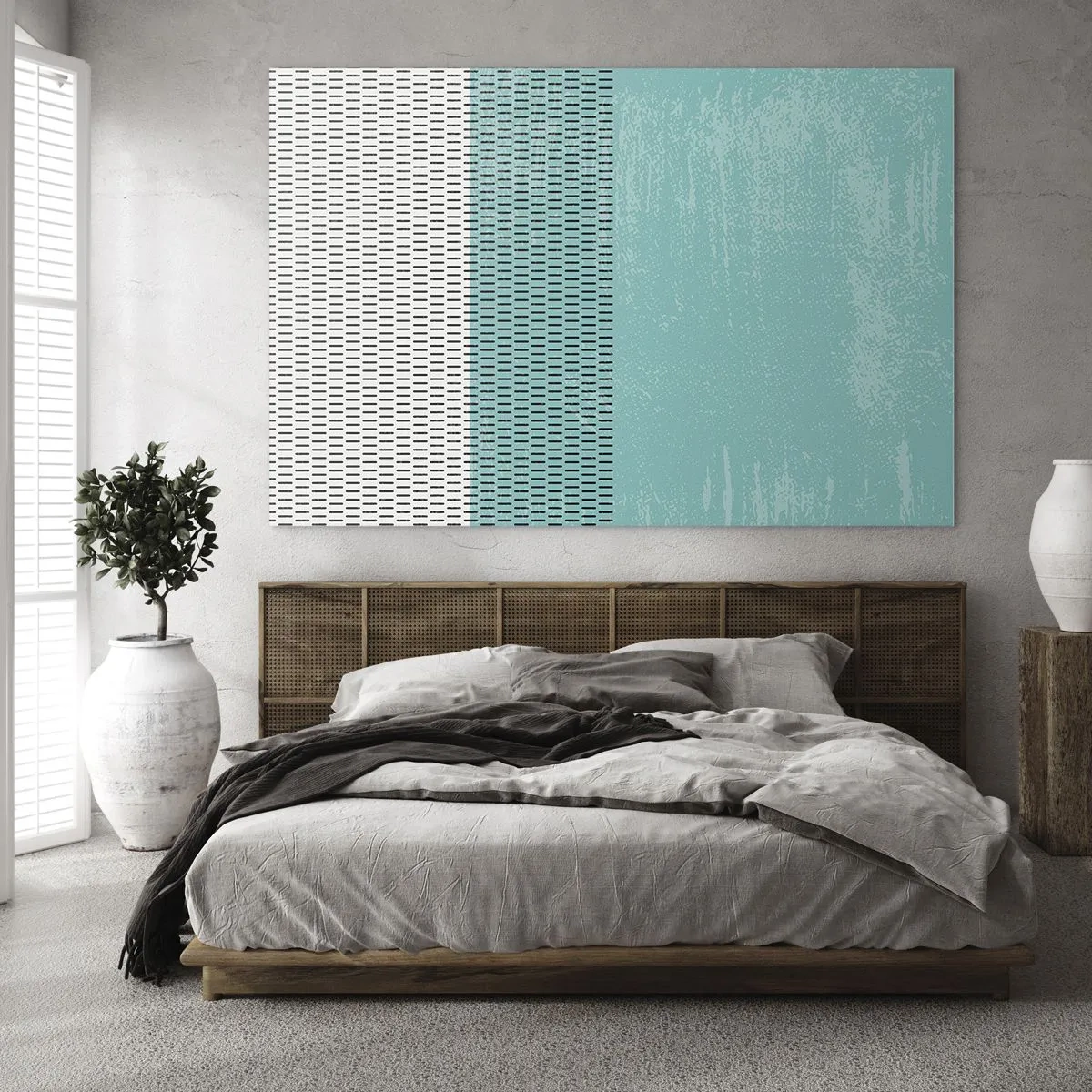 Quadro em vidro - Abstração moderna em cores turquesa e branco - 70x50cm - Composição equilibrada - Decoração de parede moderna para a sala de estar e quarto ARTTOR