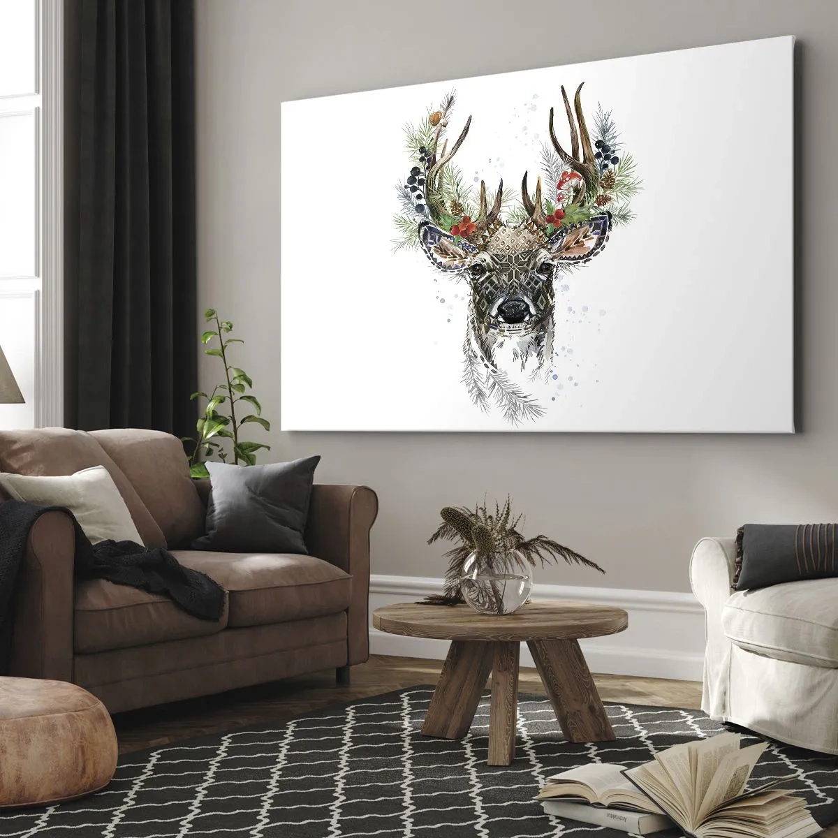 Quadro em tela - Veado estilizado com chifres decorativos em fundo branco - 70x50cm - Num manto festivo - Decoração de parede moderna para a sala de estar e quarto ARTTOR