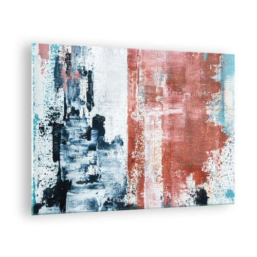 Quadro em vidro - Uma combinação abstrata de azul e vermelho enferrujado - 70x50cm - Meio a meio abstrato - Decoração de parede moderna para a sala de estar e quarto ARTTOR