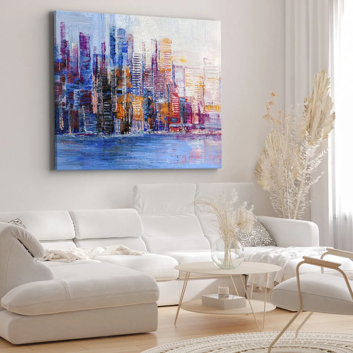 Quadro em tela - Um panorama colorido da cidade com reflexos na água - 70x50cm - Metrópole alegre - Decoração de parede moderna para a sala de estar e quarto ARTTOR