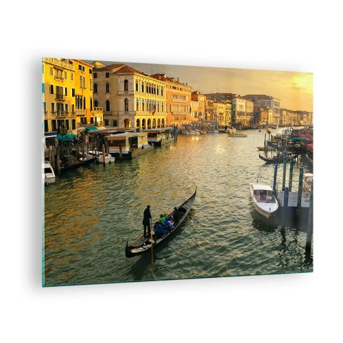 Quadro em vidro - Pôr do sol sobre um canal de Veneza com gôndolas - 70x50cm - No lado ensolarado da rua - Decoração de parede moderna para a sala de estar e quarto ARTTOR