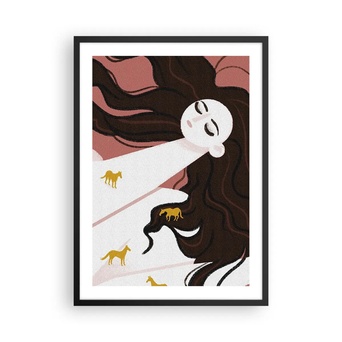 Pôster com moldura preta - Uma mulher sonhadora com cabelos longos e cavalos dourados - 50x70cm - Sonho com um cavalo dourado - Decoração de parede moderna para a sala de estar e quarto ARTTOR