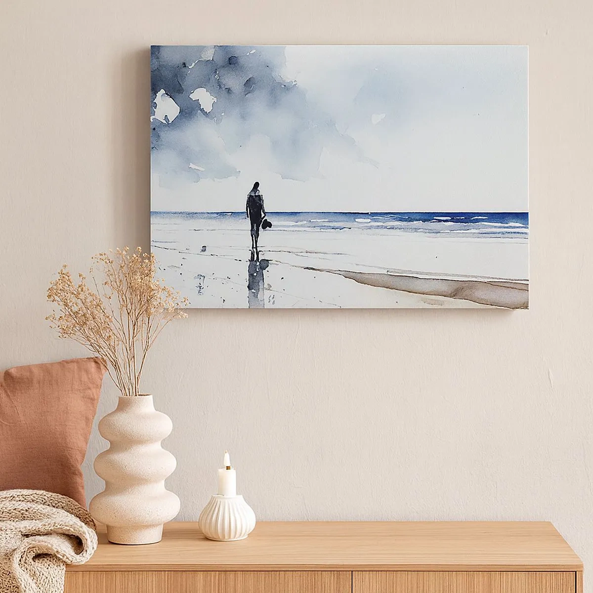 Quadro em tela - Uma figura em uma praia em um ambiente de mar calmo - 70x50cm - Conversa com o mar - Decoração de parede moderna para a sala de estar e quarto ARTTOR