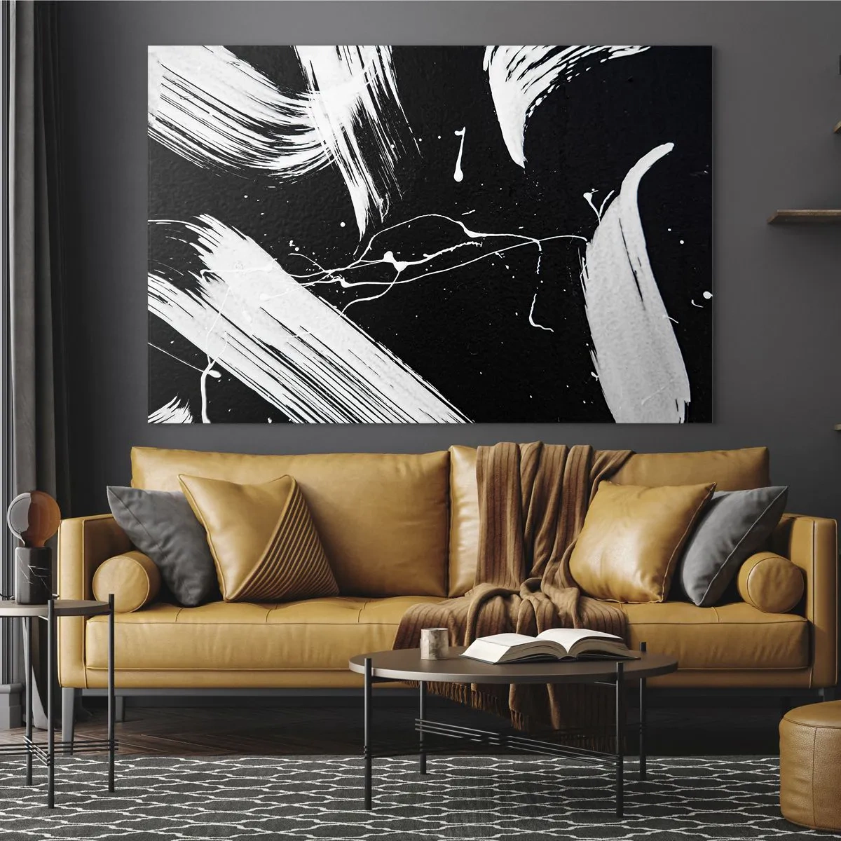 Quadro em vidro - Pinceladas brancas sobre fundo preto - 70x50cm - Quebrar a escuridão - Decoração de parede moderna para a sala de estar e quarto ARTTOR