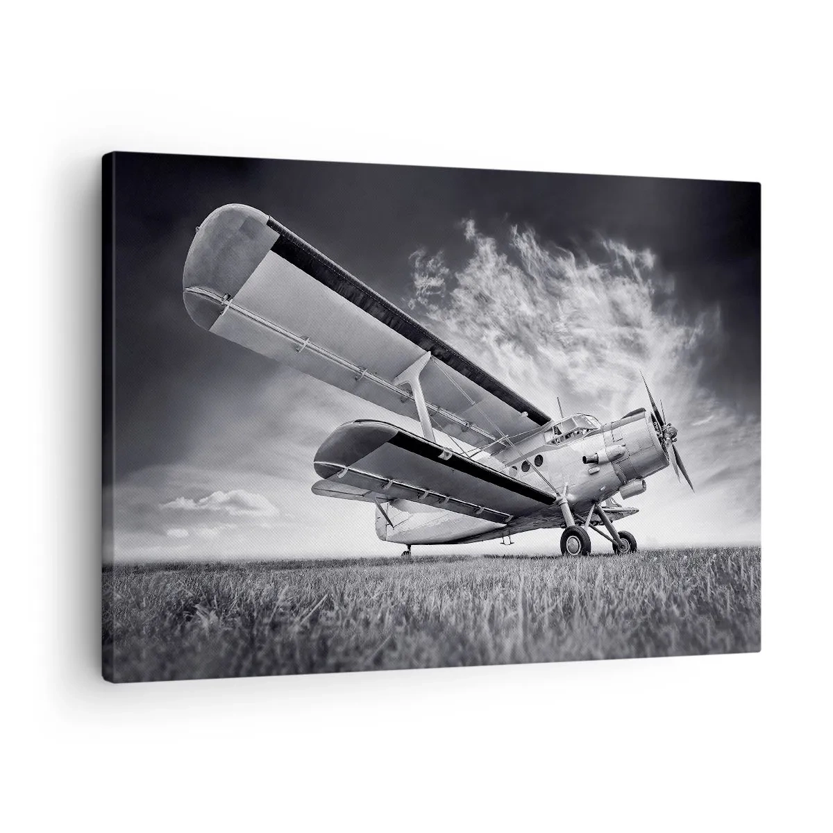 Quadro em tela - Um avião contra um céu dramático em preto e branco - 70x50cm - Andarilho alado - Decoração de parede moderna para a sala de estar e quarto ARTTOR