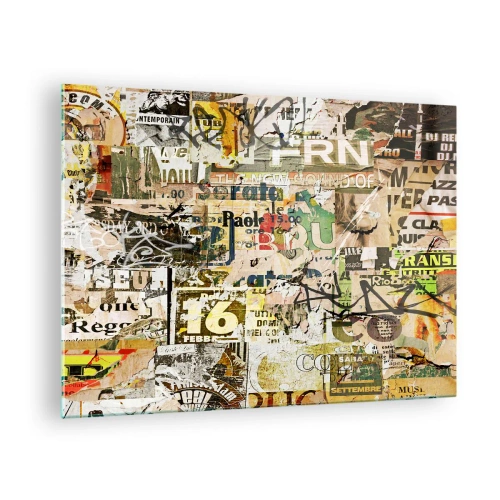 Quadro em vidro - Uma composição artística de cartazes, inscrições e grafites - 70x50cm - O caos - Decoração de parede moderna para a sala de estar e quarto ARTTOR
