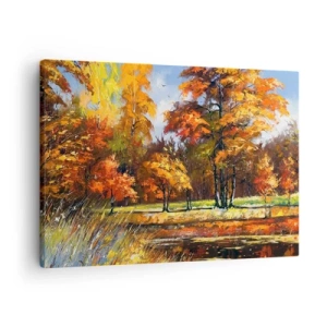 Quadro em tela - Paisagem de outono com árvores coloridas e um lago - 70x50cm - Paisagem em ouro e bronze - Decoração de parede moderna para a sala de estar e quarto ARTTOR