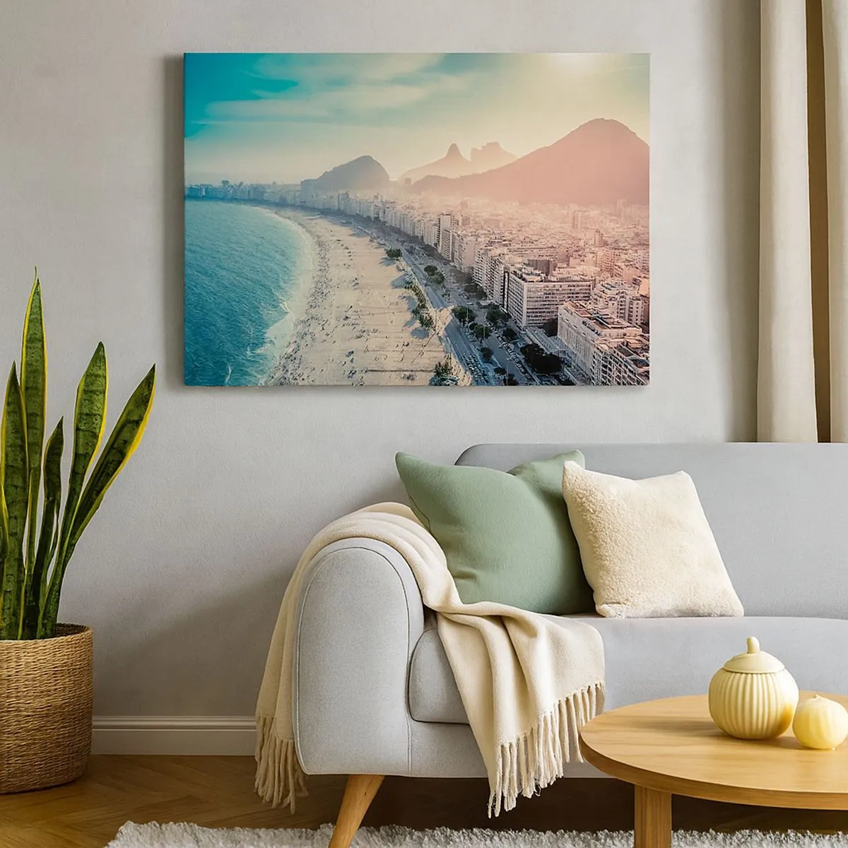 Quadro em tela - Panorama da Praia de Copacabana com montanhas ao fundo no Rio de Janeiro - 70x50cm - Férias eternas no Rio - Decoração de parede moderna para a sala de estar e quarto ARTTOR