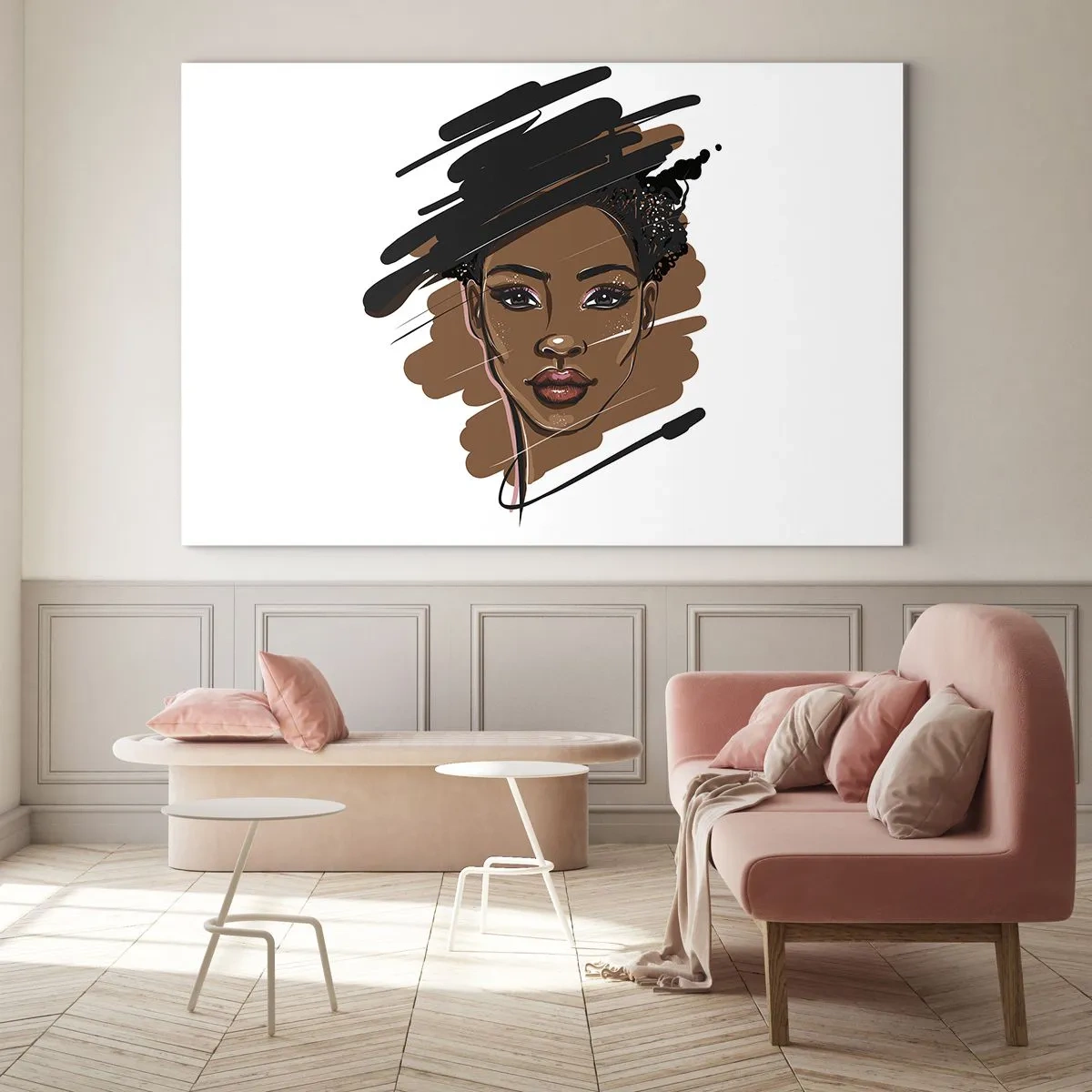 Quadro em vidro - Retrato de uma mulher negra em um estilo de esboço de moda - 70x50cm - Doce como chocolate - Decoração de parede moderna para a sala de estar e quarto ARTTOR