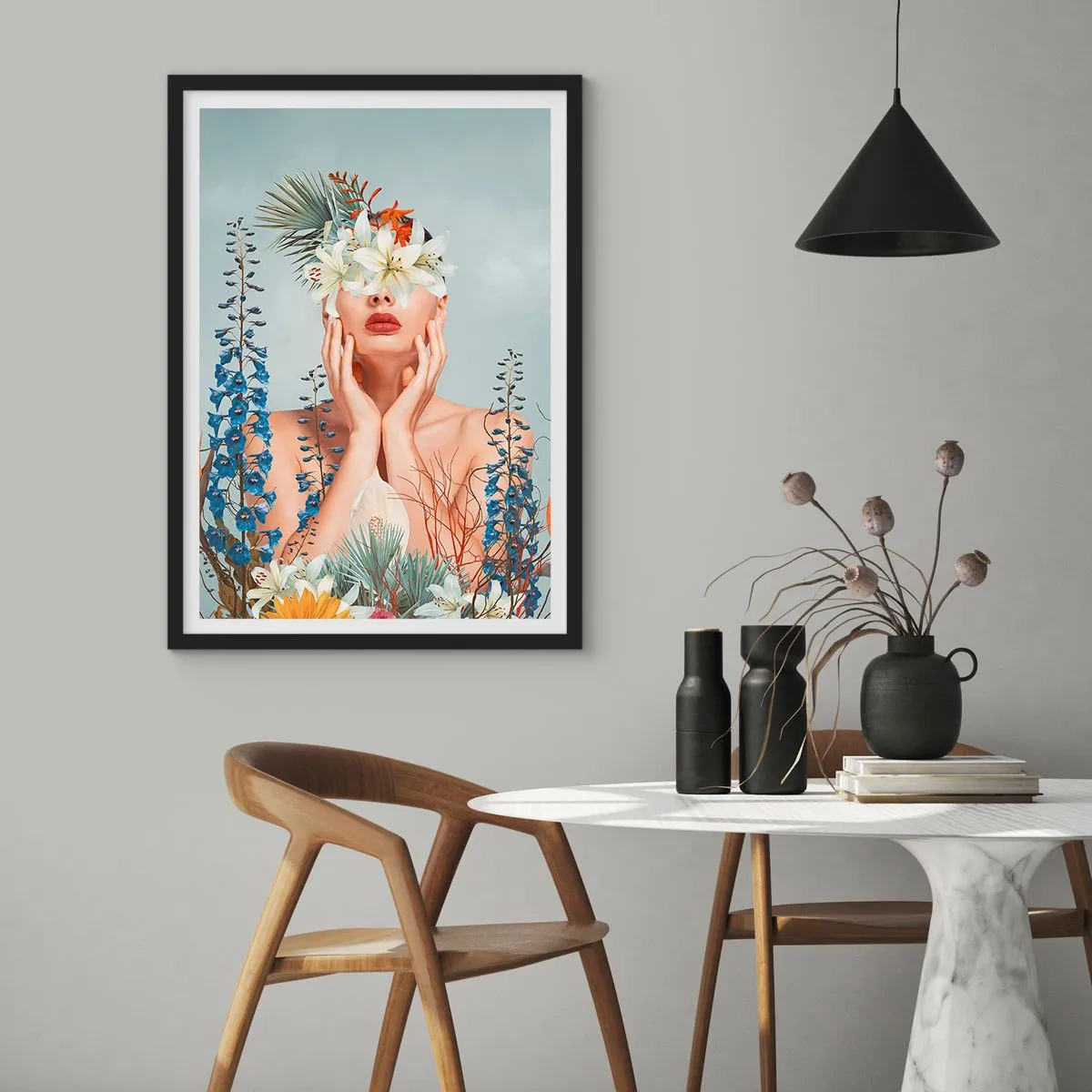 Pôster com moldura preta - Uma mulher cercada por flores em uma composição surreal - 50x70cm - Mulher – flor - Decoração de parede moderna para a sala de estar e quarto ARTTOR
