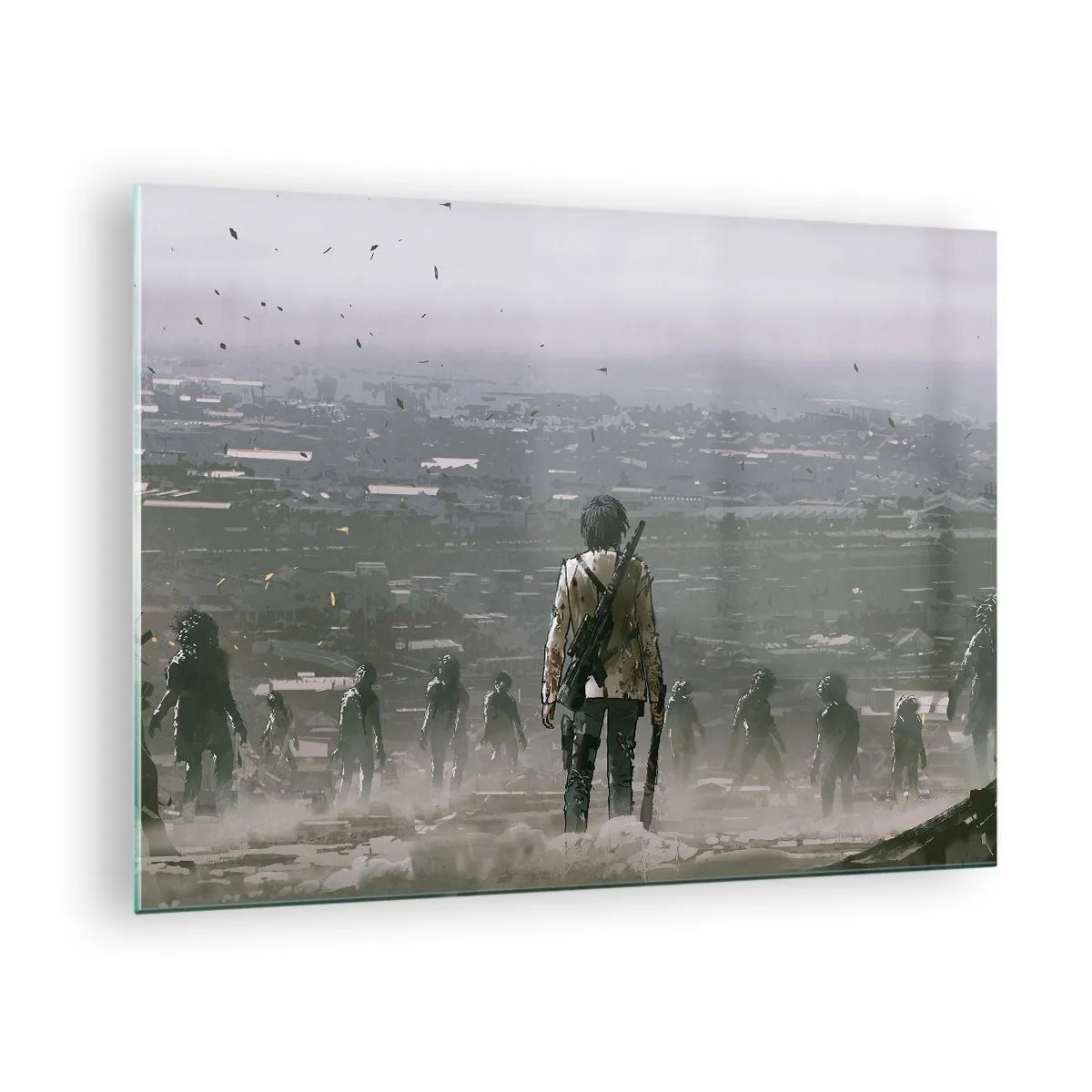 Quadro em vidro - Uma figura com um rifle no cenário escuro de um grupo que se aproxima - 70x50cm - O último justo? - Decoração de parede moderna para a sala de estar e quarto ARTTOR
