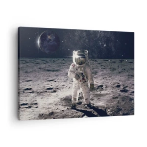 Quadro em tela - Astronauta na superfície da Lua com a Terra ao fundo - 70x50cm - Saudações da Lua - Decoração de parede moderna para a sala de estar e quarto ARTTOR