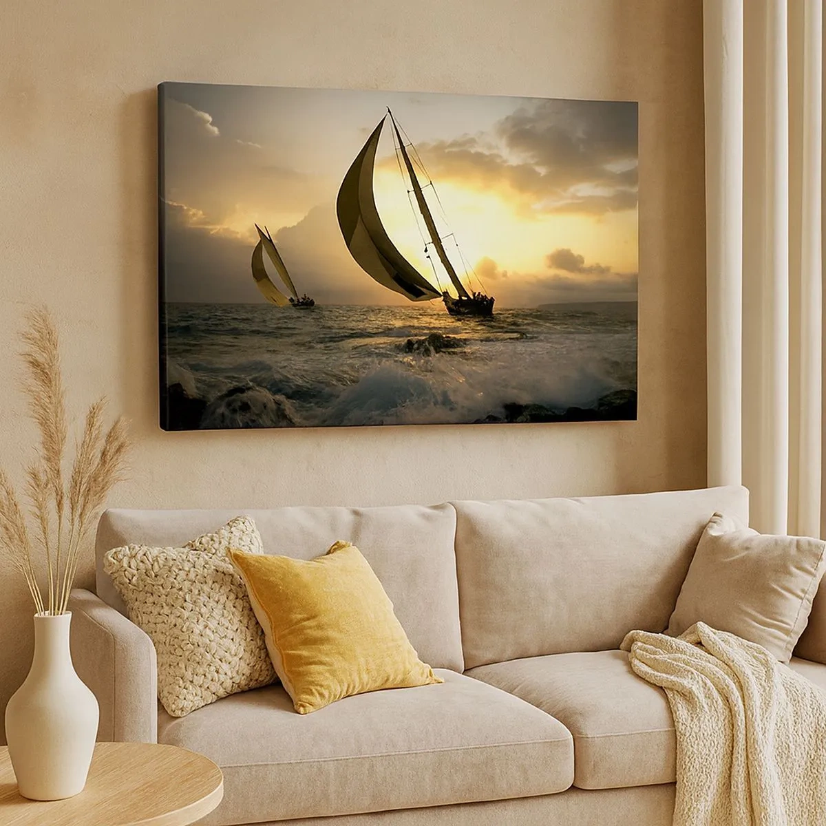 Quadro em tela - Veleiros no mar durante o pôr do sol - 70x50cm - Com o vento e contra o vento - Decoração de parede moderna para a sala de estar e quarto ARTTOR