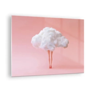 Quadro em vidro - Uma figura feminina com uma nuvem em vez de um vestido sobre um fundo rosa pastel. - 70x50cm - Doce promessa - Decoração de parede moderna para a sala de estar e quarto ARTTOR