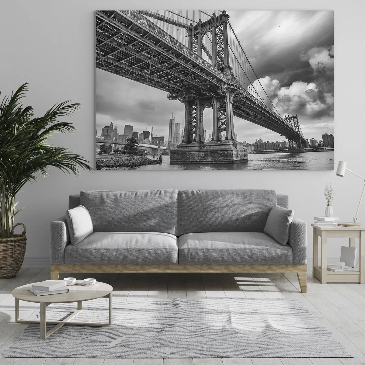 Quadro em vidro - Uma ponte suspensa em um ambiente monocromático - 70x50cm - Ao coração da cidade - Decoração de parede moderna para a sala de estar e quarto ARTTOR