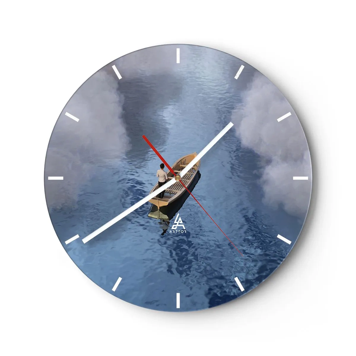 Relógio de parede - Relógio em vidro - Uma figura em um barco flutuando em águas calmas entre as nuvens - 30x30cm - Vida – jornada – desconhecido - Decoração de parede moderna para a sala de estar, cozinha e quarto ARTTOR