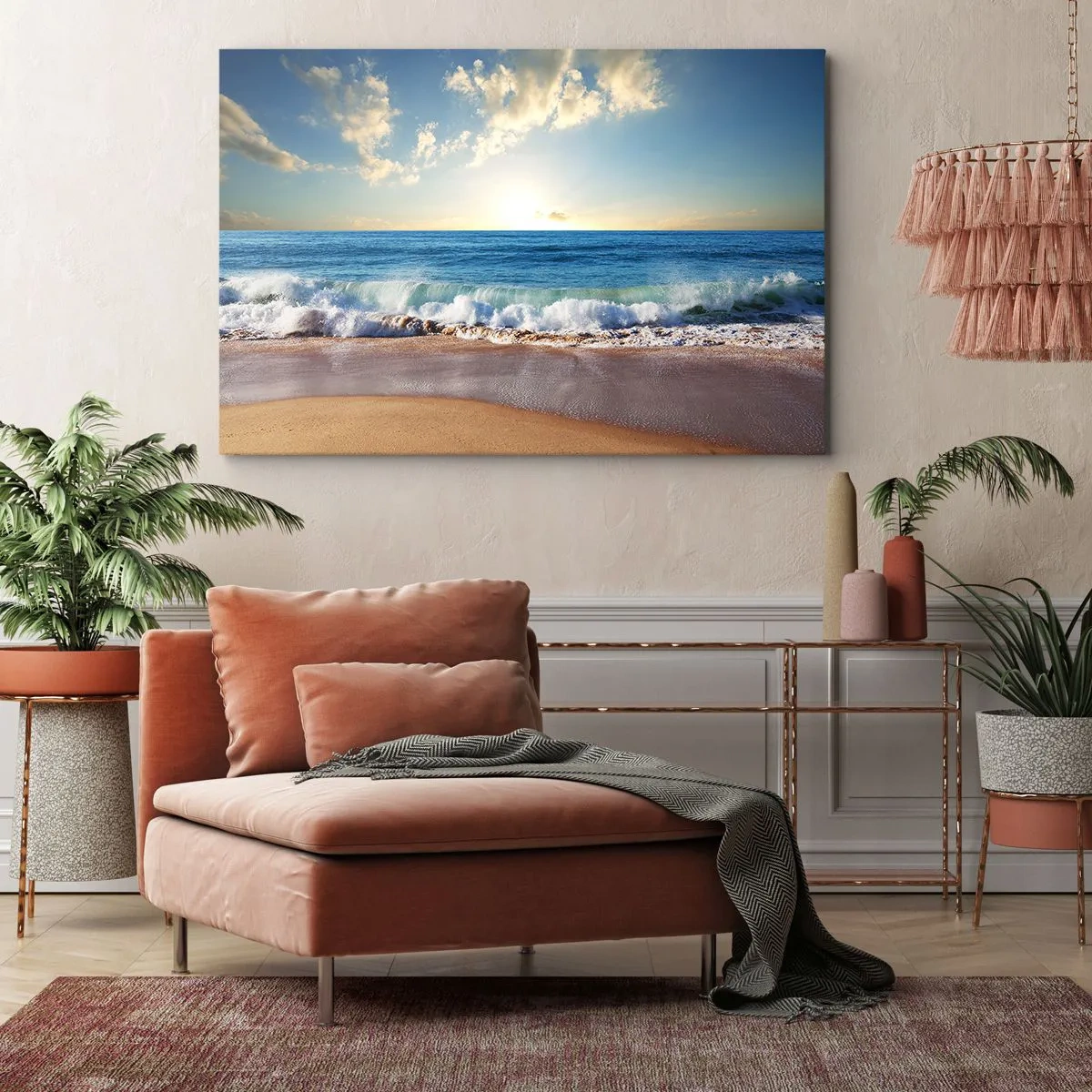 Quadro em tela - Uma praia ensolarada com ondas quebrando na costa - 70x50cm - Movimento e quietude ao mesmo tempo - Decoração de parede moderna para a sala de estar e quarto ARTTOR
