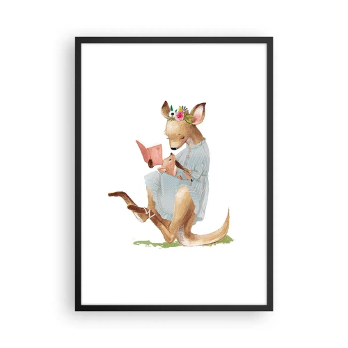 Pôster com moldura preta - Um canguru lendo um livro com uma criança em um estilo artístico. - 50x70cm - Leia para mim, mamãe - Decoração de parede moderna para a sala de estar e quarto ARTTOR