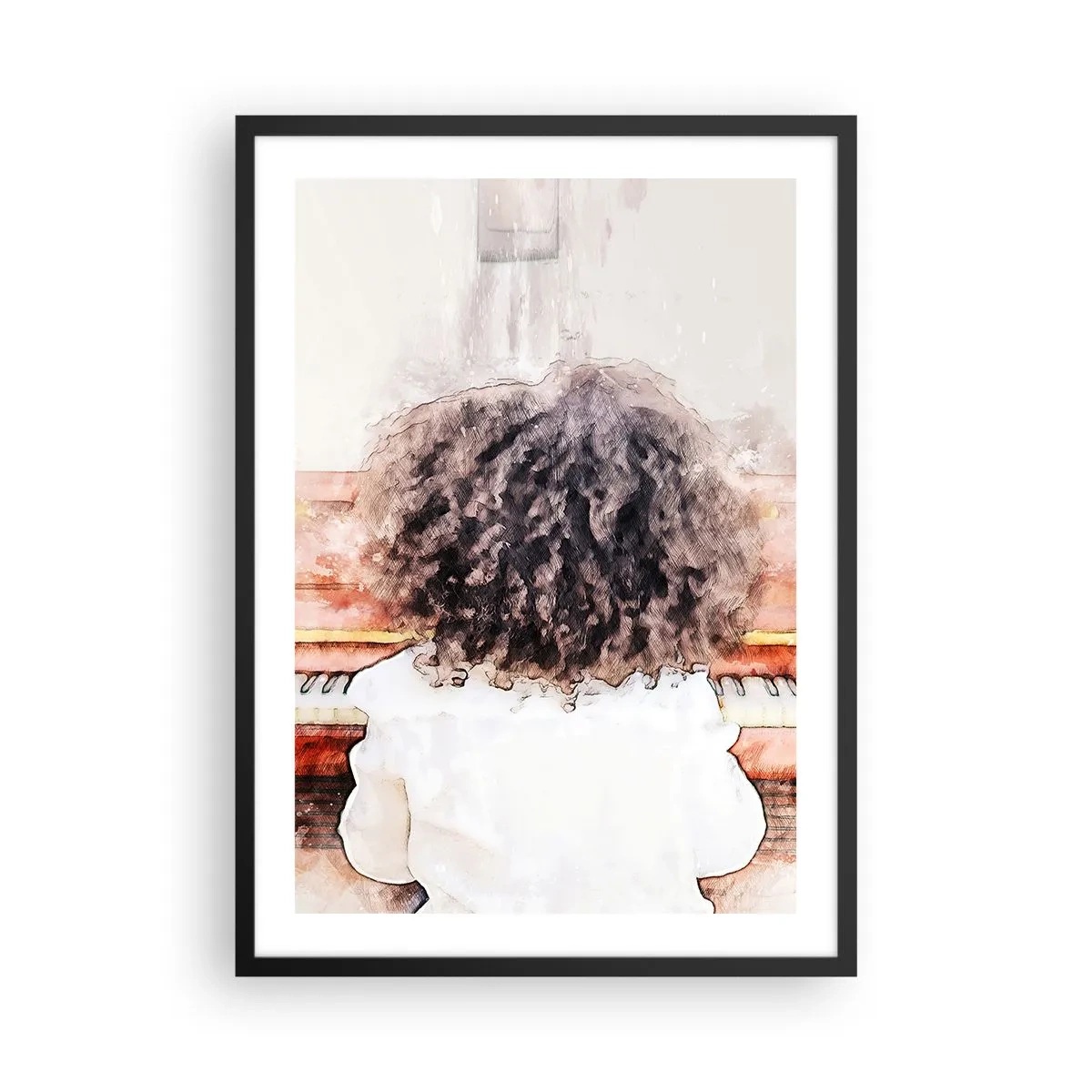 Pôster com moldura preta - Uma criança com cachos exuberantes tocando piano em estilo aquarela - 50x70cm - Num mundo novo - Decoração de parede moderna para a sala de estar e quarto ARTTOR