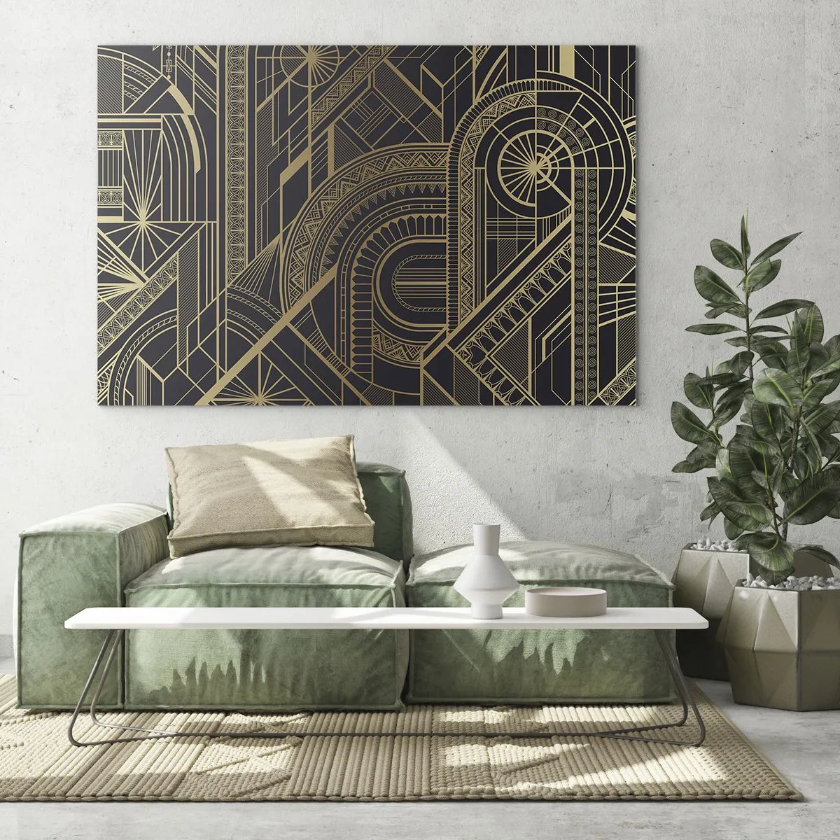 Quadro em vidro - Padrão geométrico Art Déco em dourado e preto - 70x50cm - Conceitos, ideias, planos - Decoração de parede moderna para a sala de estar e quarto ARTTOR