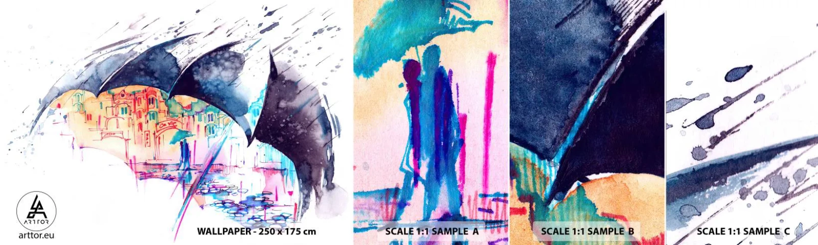 Amostra de Papel de Parede Standard Eco - Passeio na chuva - Abstração, Guarda-chuva, Arquitetura - 100x30 cm