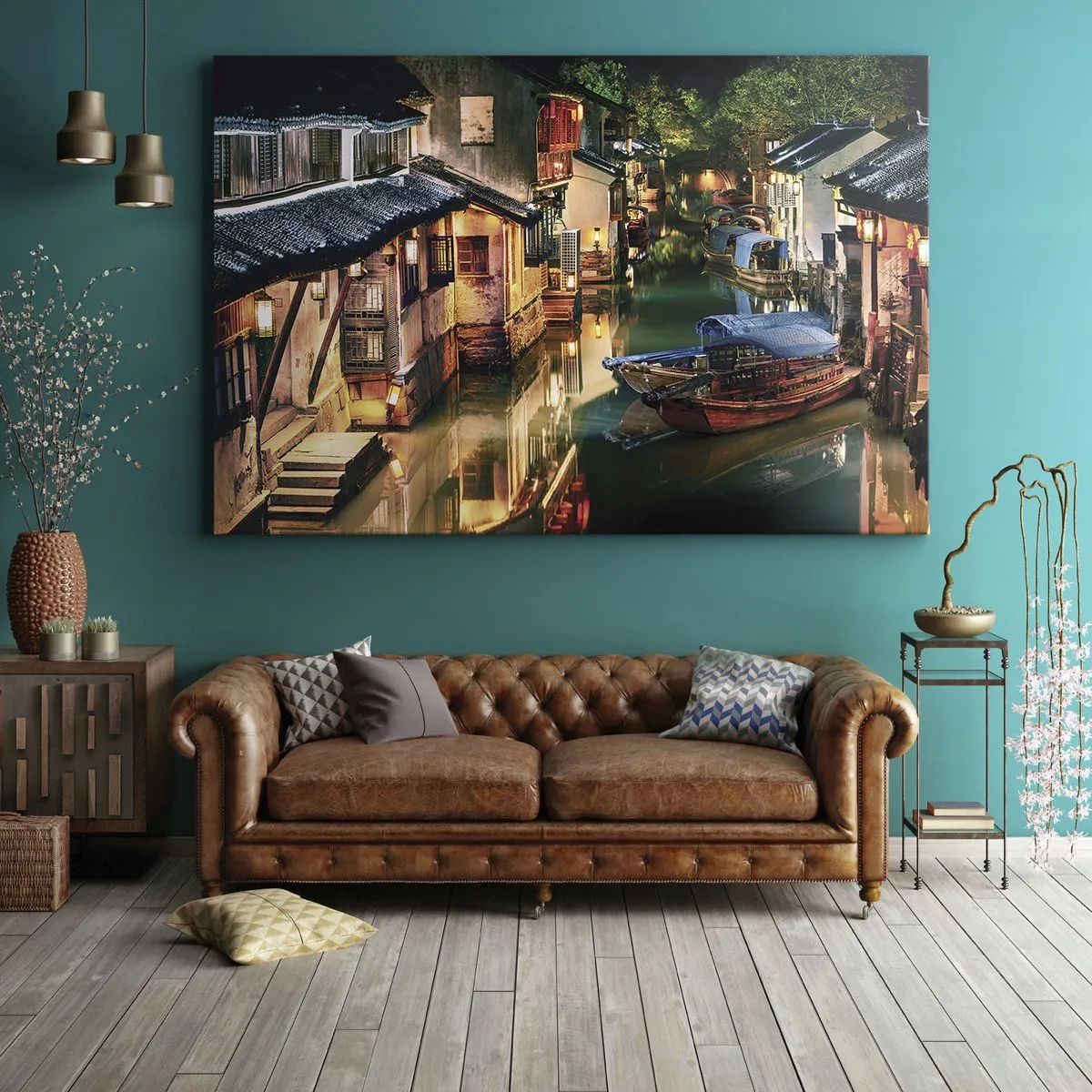Quadro em tela - Vista noturna dos canais com barcos e casas tradicionais - 70x50cm - Uma noite em uma rua chinesa - Decoração de parede moderna para a sala de estar e quarto ARTTOR