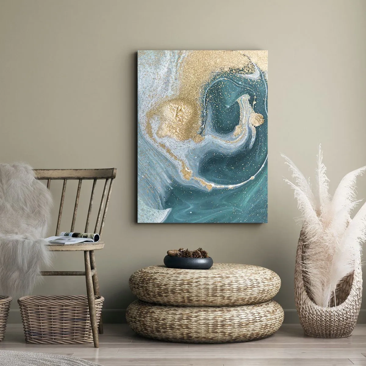 Quadro em tela - Um vórtice de ouro e turquesa - 50x70 cm