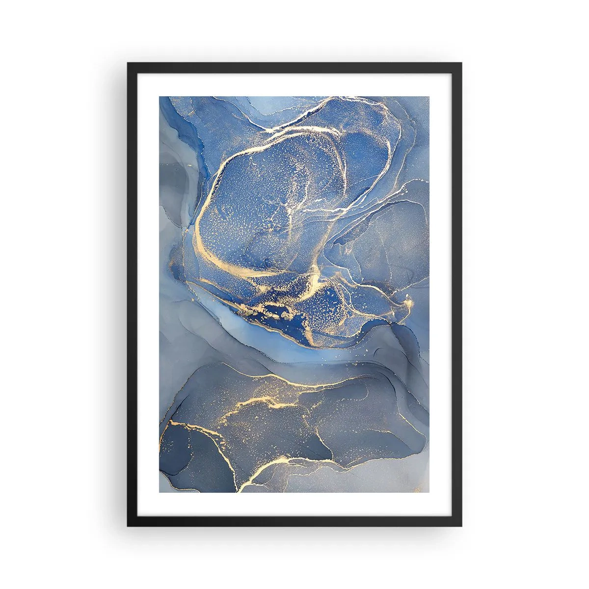 Pôster com moldura preta - Manchas abstratas em tons de azul e dourado - 50x70cm - Pó dourado - Decoração de parede moderna para a sala de estar e quarto ARTTOR