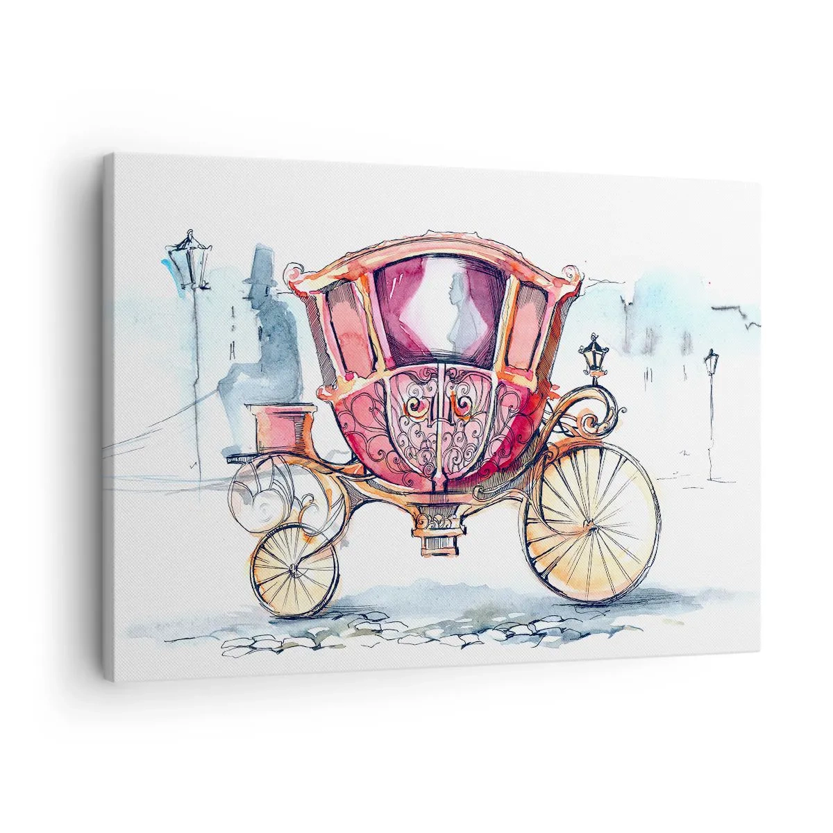 Quadro em tela - Uma ilustração elegante de uma carruagem antiga em cores pastel. - 70x50cm - Para um casamento ou para um baile? - Decoração de parede moderna para a sala de estar e quarto ARTTOR