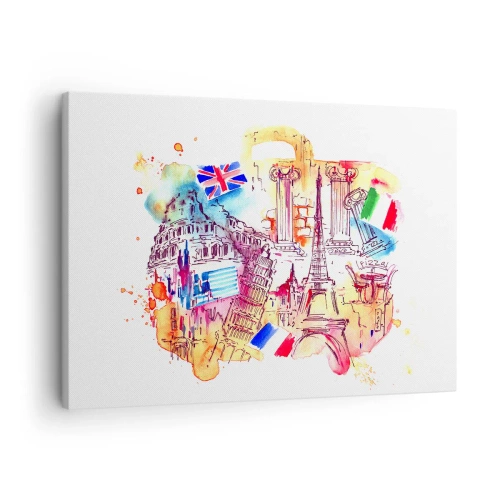 Quadro em tela - Aquarela de símbolos europeus com bandeiras de países - 70x50cm - Tournée europeia - Decoração de parede moderna para a sala de estar e quarto ARTTOR