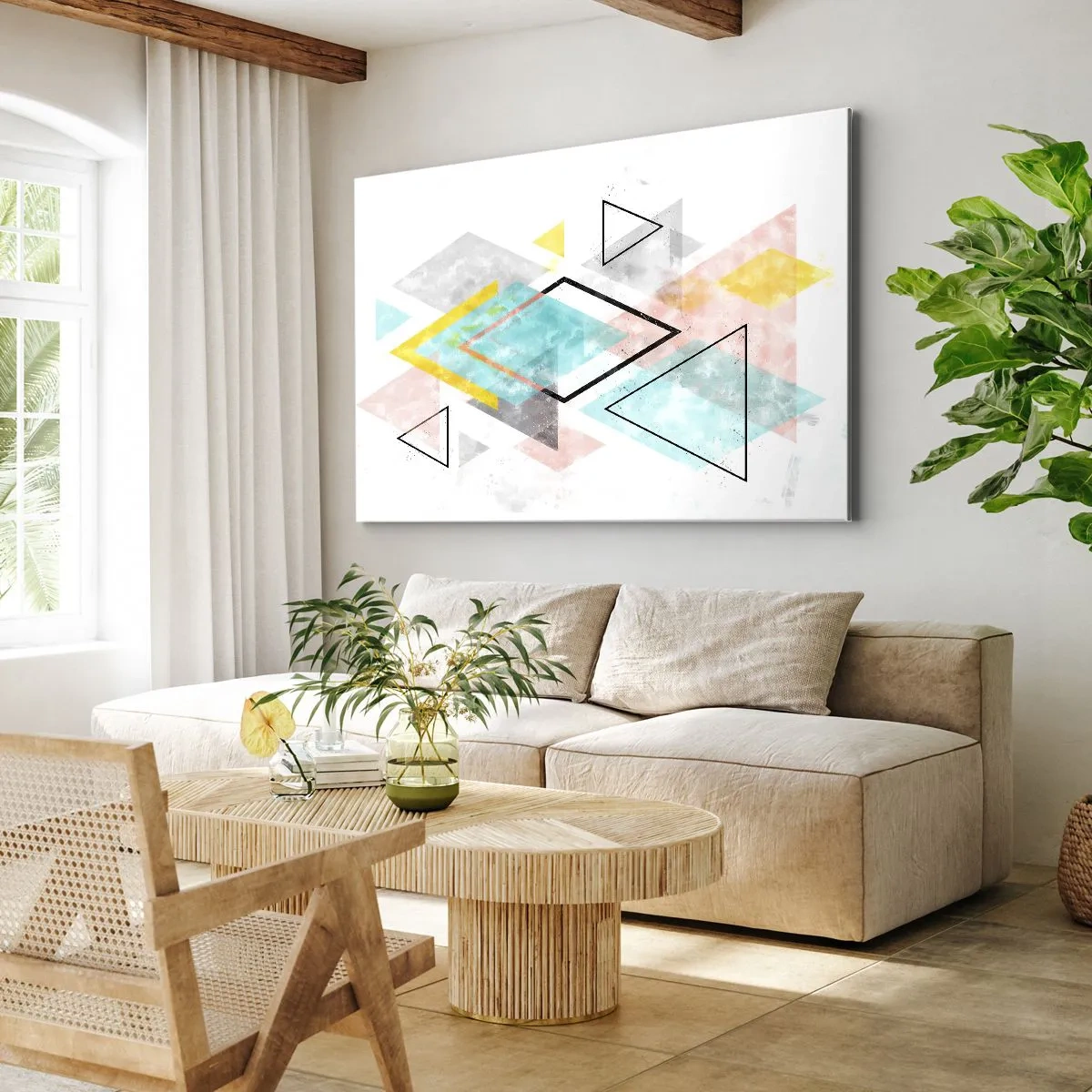 Quadro em tela - Padrões geométricos coloridos em um fundo branco - 70x50cm - Jogo geométrico - Decoração de parede moderna para a sala de estar e quarto ARTTOR