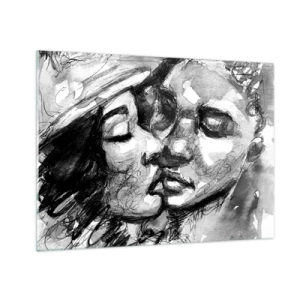 Quadro em vidro - Esboço em preto e branco de um beijo carinhoso - 70x50cm - Um momento de ternura - Decoração de parede moderna para a sala de estar e quarto ARTTOR