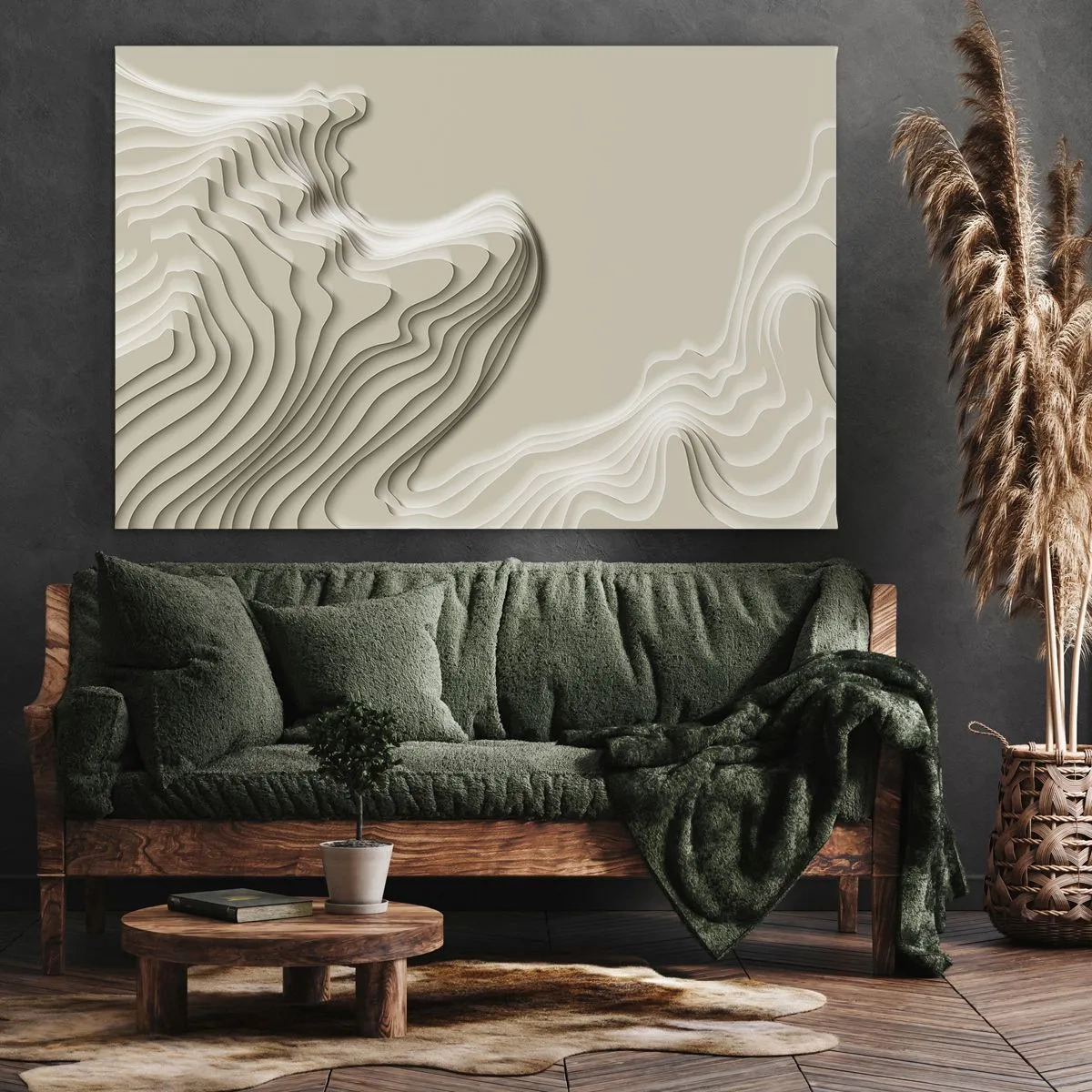 Quadro em tela - Um padrão abstrato em tons de bege com efeito linear. - 70x50cm - Topografia da arte - Decoração de parede moderna para a sala de estar e quarto ARTTOR