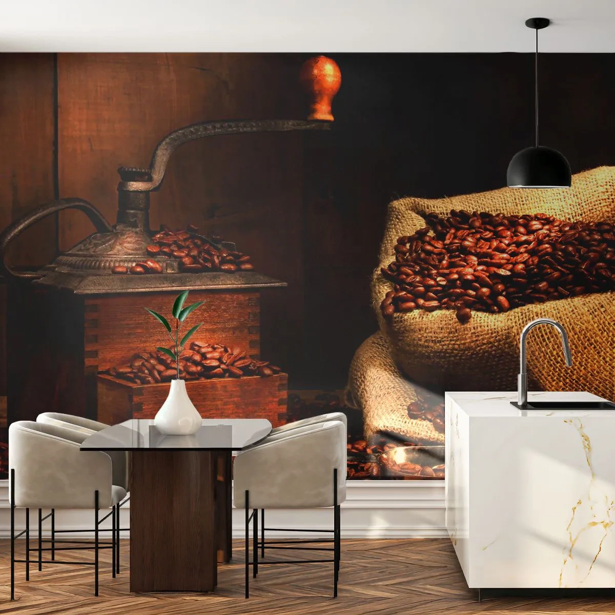 Papel de Parede Standard Eco - Natureza morta com grãos de café e moedor - Gastronomia, Café, Moedor de café - 250x175 cm