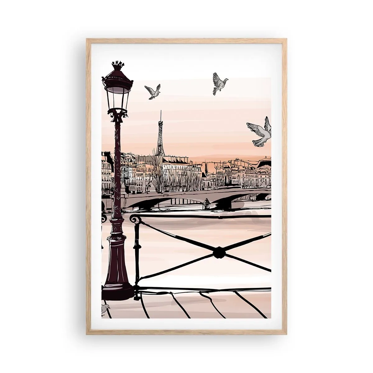 Pôster com moldura de carvalho claro - Sobre os telhados de Paris - 61x91 cm